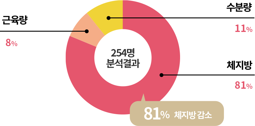 254명 분석결과 : 근육량 8%, 수분량 11%, 체지방 81%. 81% 체지방 감소